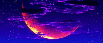 Movie still from “Speed Racer” (2008), directed by Lilly Wachowski – The sun is shining brightly in the dark sky; Extreme Wide shot, Low angle