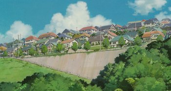 Movie still from “Spirited Away” (2001), directed by Hayao Miyazaki – An illustration of a hillside with a bunch of houses; Extreme Wide shot, Low angle