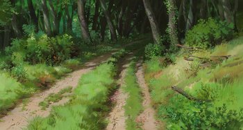 Movie still from “Spirited Away” (2001), directed by Hayao Miyazaki – An oil painting of a dirt road in the middle of a forest; Extreme Wide shot, High angle