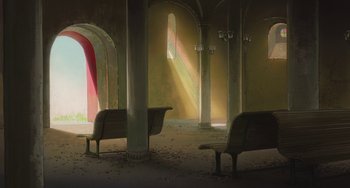 Movie still from “Spirited Away” (2001), directed by Hayao Miyazaki – Two empty benches in a room with pillars and lights; Extreme Wide shot, Low angle
