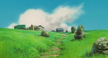 Movie still from “Spirited Away” (2001), directed by Hayao Miyazaki – An oil painting of a grassy field with a stone path leading to a house; Extreme Wide shot, Low angle