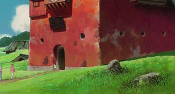Movie still from “Spirited Away” (2001), directed by Hayao Miyazaki – A painting of a red building with a clock on the side of it; Extreme Wide shot, Low angle