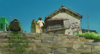 Movie still from “Spirited Away” (2001), directed by Hayao Miyazaki – A painting of a person walking up a stone staircase; Extreme Wide shot, Low angle