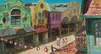 Movie still from “Spirited Away” (2001), directed by Hayao Miyazaki – A painting of people walking down a street; Extreme Wide shot, High angle