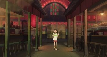 Movie still from “Spirited Away” (2001), directed by Hayao Miyazaki – A girl is standing in an empty room; Extreme Wide shot, High angle