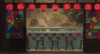 Movie still from “Spirited Away” (2001), directed by Hayao Miyazaki – An asian style restaurant with red lanterns hanging above the counter; Extreme Wide shot, Low angle