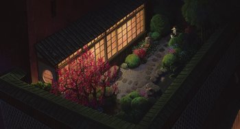 Movie still from “Spirited Away” (2001), directed by Hayao Miyazaki – An illustration of an oriental garden at night time; Extreme Wide shot, Overhead angle