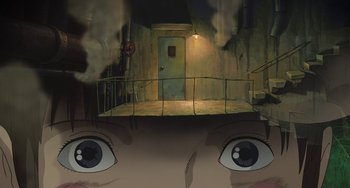 Movie still from “Spirited Away” (2001), directed by Hayao Miyazaki – A painting of a person's eyes looking at a door way; Extreme Close Up shot, Overhead angle
