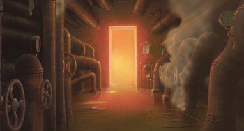 Movie still from “Spirited Away” (2001), directed by Hayao Miyazaki – An image of an open door in a room; Extreme Wide shot, Low angle