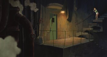 Movie still from “Spirited Away” (2001), directed by Hayao Miyazaki – An empty room with a green door and a green curtain; Extreme Wide shot, High angle