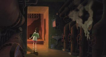Movie still from “Spirited Away” (2001), directed by Hayao Miyazaki – A girl is standing in a dimly - lit room; Extreme Wide shot, High angle