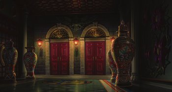 Movie still from “Spirited Away” (2001), directed by Hayao Miyazaki – An ornate vase in front of a pair of red doors; Extreme Wide shot, High angle