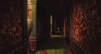 Movie still from “Spirited Away” (2001), directed by Hayao Miyazaki – A painting of an empty hallway with red and green walls; Extreme Wide shot, High angle