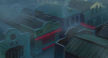 Movie still from “Spirited Away” (2001), directed by Hayao Miyazaki – An aerial view of a city with a church on the roof; Extreme Wide shot, Low angle