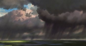 Movie still from “Spirited Away” (2001), directed by Hayao Miyazaki – A painting of a cloudy sky with rain coming from it; Extreme Wide shot, Low angle
