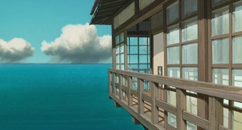 Movie still from “Spirited Away” (2001), directed by Hayao Miyazaki – A painting of a balcony overlooking the ocean; Extreme Wide shot, Low angle