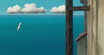 Movie still from “Spirited Away” (2001), directed by Hayao Miyazaki – A view of a body of water with a sky background; Extreme Wide shot, Low angle