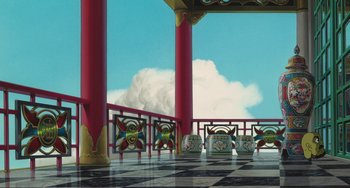 Movie still from “Spirited Away” (2001), directed by Hayao Miyazaki – An artistic view of a chinese pavilion with a sky in the background; Extreme Wide shot, Low angle