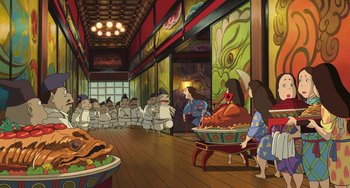 Movie still from “Spirited Away” (2001), directed by Hayao Miyazaki – An animated scene of people sitting in a room; Extreme Wide shot, High angle