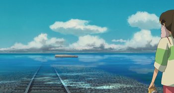Movie still from “Spirited Away” (2001), directed by Hayao Miyazaki – An oil painting of a boat on the water; Extreme Wide shot, Low angle