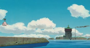 Movie still from “Spirited Away” (2001), directed by Hayao Miyazaki – A painting of a large body of water with a large building in the background; Extreme Wide shot, Low angle