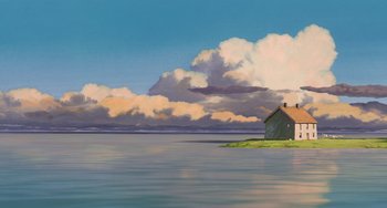 Movie still from “Spirited Away” (2001), directed by Hayao Miyazaki – An oil painting of a house on the shore of a body of water; Extreme Wide shot, Low angle