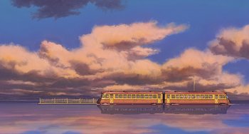 Movie still from “Spirited Away” (2001), directed by Hayao Miyazaki – A train traveling on a train track under a cloudy sky; Extreme Wide shot, Low angle