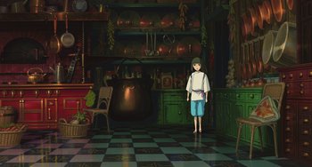 Movie still from “Spirited Away” (2001), directed by Hayao Miyazaki – An animated picture of a person in a kitchen; Extreme Wide shot, High angle