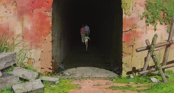 Movie still from “Spirited Away” (2001), directed by Hayao Miyazaki – Two people are running through an abandoned tunnel; Extreme Wide shot, Low angle