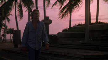 Movie still from “Spring Break” (1983), directed by Sean S. Cunningham – A man walking down the steps in front of palm trees at dusk; Medium shot, Low angle