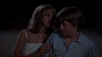 Movie still from “Spring Break” (1983), directed by Sean S. Cunningham – A man and a woman sitting next to each other in the dark; Close Up shot, Over the shoulder angle