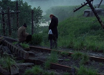 Movie still from “Stalker” (1979), directed by Andrei Tarkovsky – Two men standing next to each other on a train track; Wide shot, High angle