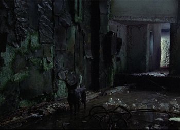 Movie still from “Stalker” (1979), directed by Andrei Tarkovsky – Two animals standing in the middle of an abandoned building; Extreme Wide shot, High angle