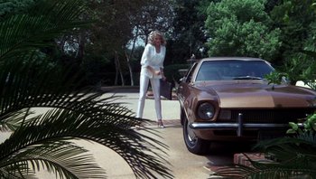 Movie still from “Star 80” (1983), directed by Bob Fosse – A woman standing in front of a car on a street; Wide shot, Low angle