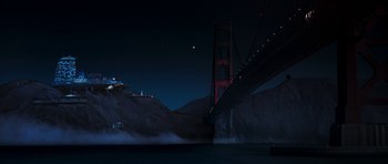 Movie still from “Star Trek VI: The Undiscovered Country” (1991), directed by Nicholas Meyer – A view of the golden gate bridge at night; Extreme Wide shot, Low angle