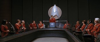 Movie still from “Star Trek VI: The Undiscovered Country” (1991), directed by Nicholas Meyer – A group of men in red uniforms sitting at a table; Medium shot, Over the shoulder angle