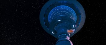 Movie still from “Star Trek VI: The Undiscovered Country” (1991), directed by Nicholas Meyer – A view of the top of a building at night; Extreme Wide shot, Low angle