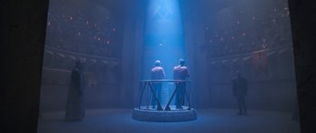 Movie still from “Star Trek VI: The Undiscovered Country” (1991), directed by Nicholas Meyer – Two men are standing in the middle of a stage; Extreme Wide shot, Low angle