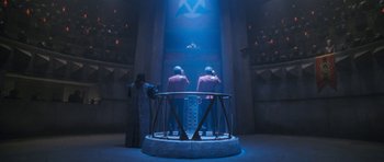 Movie still from “Star Trek VI: The Undiscovered Country” (1991), directed by Nicholas Meyer – Two people in a room with a blue light; Wide shot, Low angle