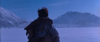 Movie still from “Star Trek VI: The Undiscovered Country” (1991), directed by Nicholas Meyer – A person wearing a fur coat in the middle of a snow covered field; Extreme Wide shot, Low angle