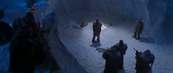 Movie still from “Star Trek VI: The Undiscovered Country” (1991), directed by Nicholas Meyer – A group of people standing in the snow at night; Extreme Wide shot, High angle