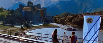 Movie still from “Star Trek VI: The Undiscovered Country” (1991), directed by Nicholas Meyer – Two people are standing on a bridge near a lake; Extreme Wide shot, High angle