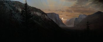 A painting of a mountain range with the sun setting