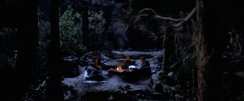 Movie still from “Star Trek V: The Final Frontier” (1989), directed by William Shatner – A group of people sitting around a campfire at night; Extreme Wide shot, High angle