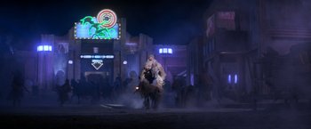 Movie still from “Star Trek V: The Final Frontier” (1989), directed by William Shatner – A group of people riding on the back of a horse; Extreme Wide shot, Low angle