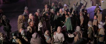 Movie still from “Star Trek V: The Final Frontier” (1989), directed by William Shatner – A group of people gathered in a room; Wide shot, High angle