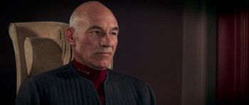 Movie still from “Star Trek: First Contact” (1996), directed by Jonathan Frakes – Patrick stewart as jean - luc picard in star trek : the next generation; Close Up shot, Low angle