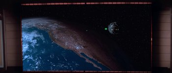 Movie still from “Star Trek: First Contact” (1996), directed by Jonathan Frakes – An image of an earth from outer space; Extreme Wide shot, Overhead angle