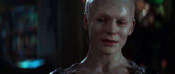 Movie still from “Star Trek: First Contact” (1996), directed by Jonathan Frakes – A person's face in a movie scene; Close Up shot, High angle