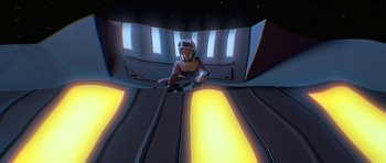 Movie still from “Star Trek: First Contact” (1996), directed by Jonathan Frakes – An image of a person in a space suit; Wide shot, Overhead angle